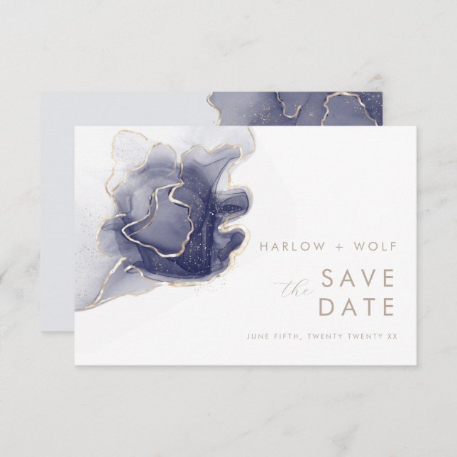 Midnight Navy Gold Elegant Modern Save the Date (Front/Back)