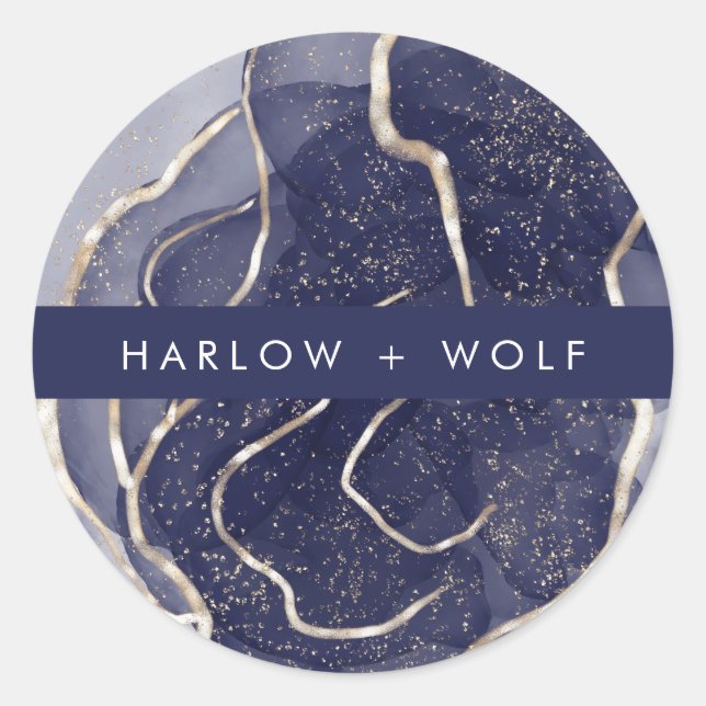 Midnight Navy Gold Elegant Modern Wedding Classic Round Sticker (Front)