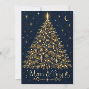 Midnight Navy Gold Tree Merry and Bright Christmas Holiday Card