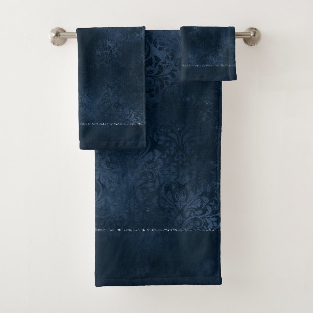 Midnight Navy Romance | Blue Satiny Grunge Damask Bath Towel Set (Insitu)