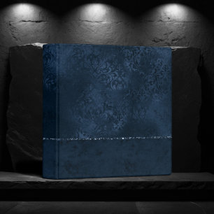 Midnight Navy Romance   Blue Satiny Grunge Damask Binder