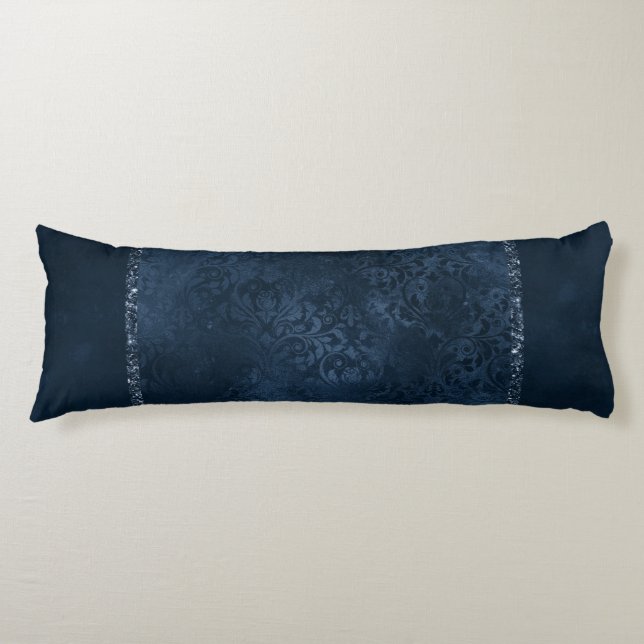 Midnight Navy Romance | Blue Satiny Grunge Damask Body Pillow (Front)