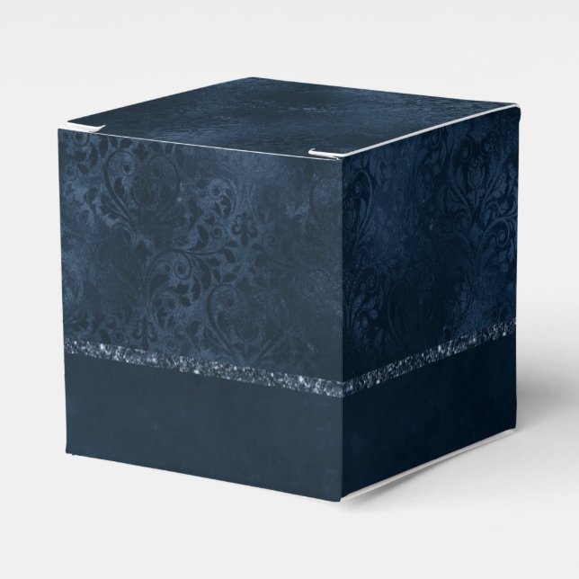 Midnight Navy Romance | Blue Satiny Grunge Damask Favor Box (Front Side)