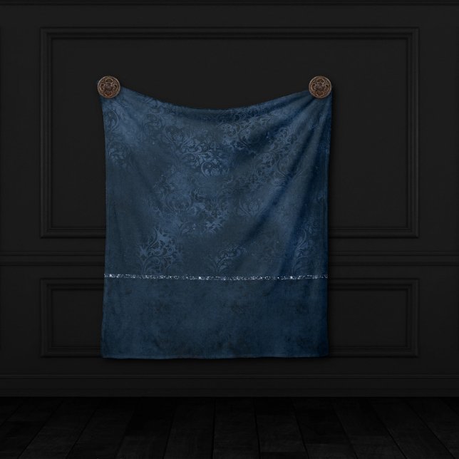 Midnight Navy Romance | Blue Satiny Grunge Damask Fleece Blanket (Creator Uploaded)