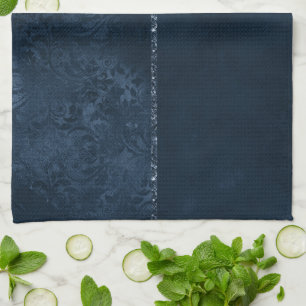 Midnight Navy Romance Blue Satiny Grunge Damask Kitchen Towel