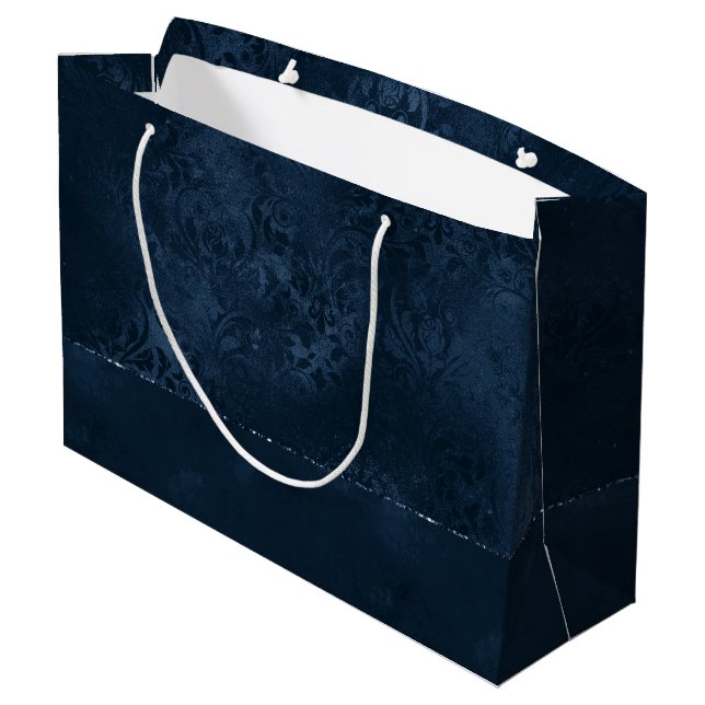 Midnight Navy Romance | Blue Satiny Grunge Damask Large Gift Bag (Back Angled)