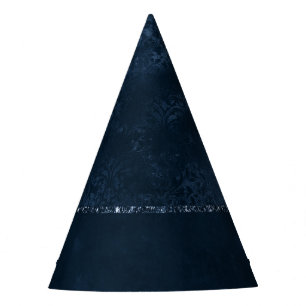 Midnight Navy Romance   Blue Satiny Grunge Damask Party Hat