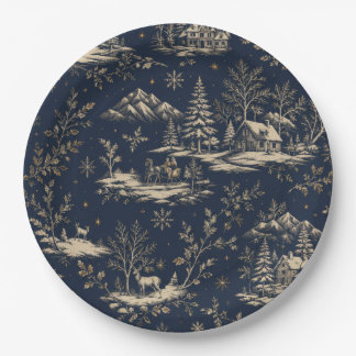 Midnight Navy Winter Toile de Jouy Christmas Paper Plate