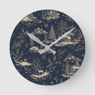 Midnight Navy Winter Toile de Jouy Christmas Round Clock