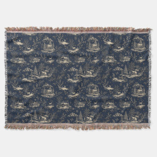 Midnight Navy Winter Toile de Jouy Christmas Throw Blanket