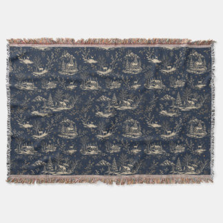 Midnight Navy Winter Toile de Jouy Christmas Throw Blanket