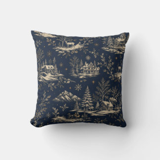 Midnight Navy Winter Toile de Jouy Christmas Throw Pillow