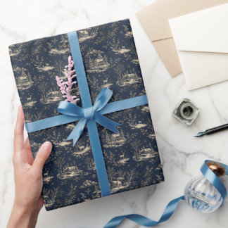 Midnight Navy Winter Toile de Jouy Christmas Wrapping Paper