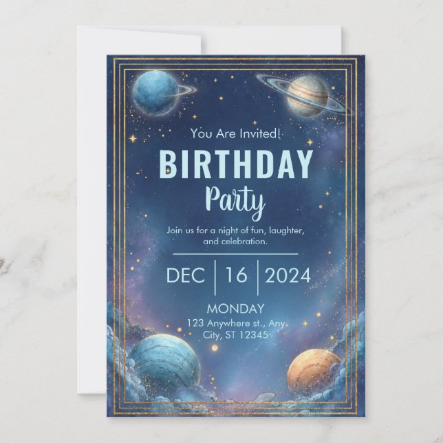Midnight Nebula Cloud Triple Gold Frame Birthday Invitation (Front)
