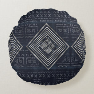 Midnight Nomad Diamond - Indigo Mudcloth Art Round Pillow