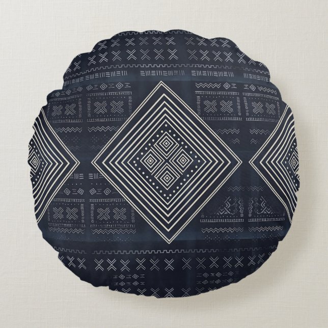 Midnight Nomad Diamond - Indigo Mudcloth Art Round Pillow (Front)
