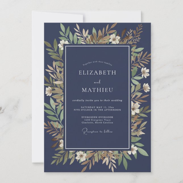 Midnight Olive Blossom Wedding Invitation (Front)