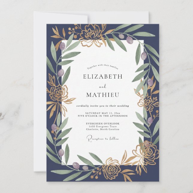 Midnight Olive Branch Eucalyptus Wedding Invitation (Front)