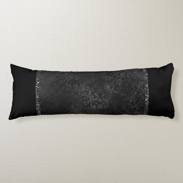 Midnight Onyx Romance | Black Satiny Grunge Damask Body Pillow (Front)