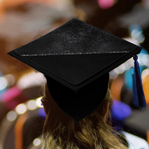 Midnight Onyx Romance   Black Satiny Grunge Damask Graduation Cap Topper