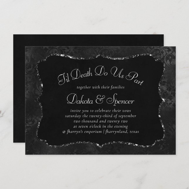 Midnight Onyx Romance | Black Satiny Grunge Damask Invitation (Front/Back)