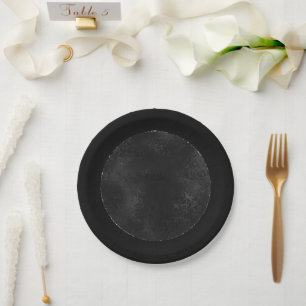 Midnight Onyx Romance Black Satiny Grunge Damask Paper Plate
