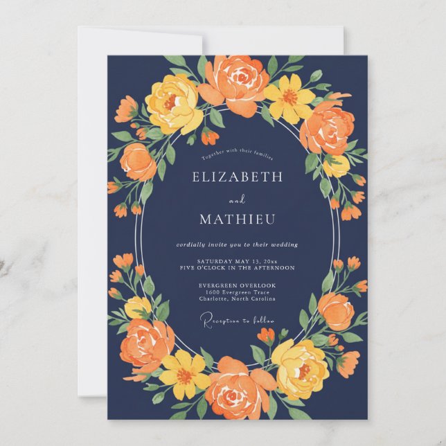 Midnight Orange Wreath Wedding Invitation (Front)