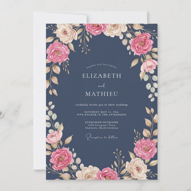 Midnight Pale Blush Ranunculus Eucalyptus Wedding Invitation (Front)
