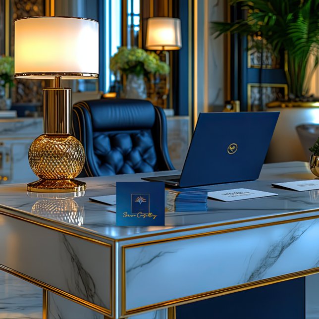 Midnight Palm Collection Luxury Navy Blue & Gold  Square Business Card (Stylish Navy Blue Midnight Palm QR Code Business Card )