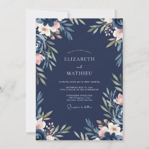 Midnight Peach Foliage Dusty Eucalyptus Wedding Invitation