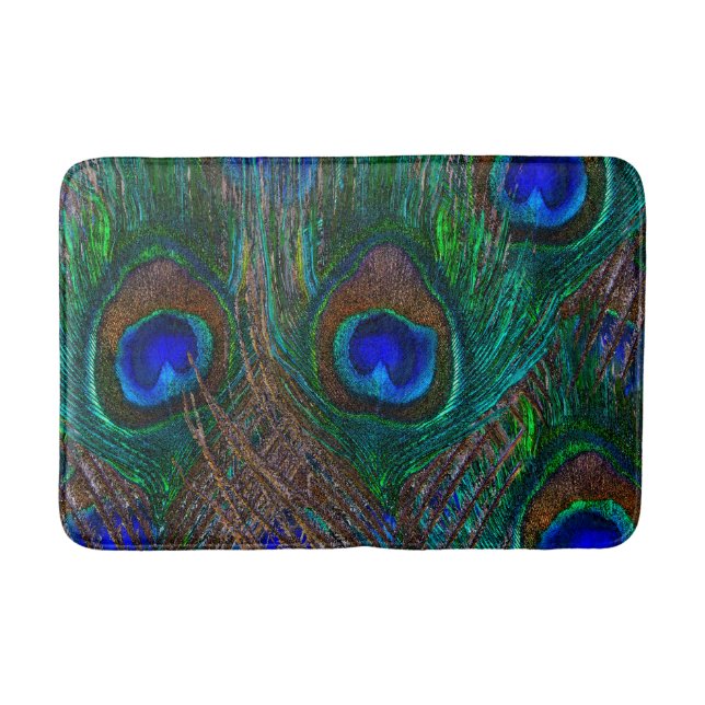 Midnight Peacock Feathers Etching Style Bath Mat (Front)