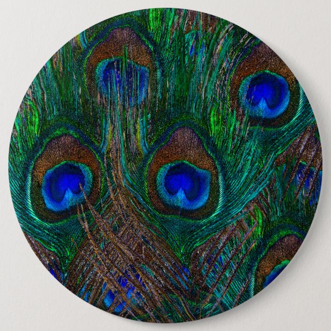 Midnight Peacock Feathers Etching Style Decor 6 Inch Round Button (Front)