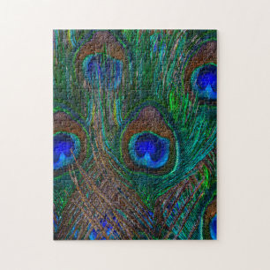 Midnight Peacock Feathers Etching Style Decor Jigsaw Puzzle
