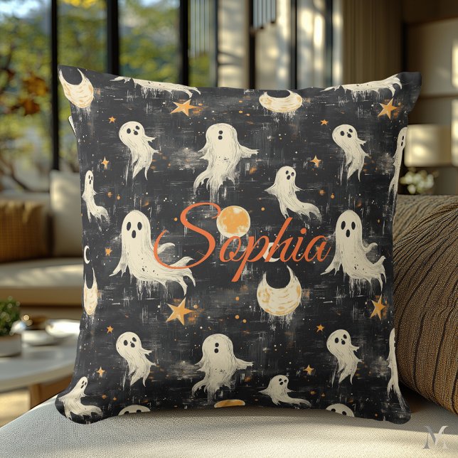Midnight Phantoms Halloween Golden Moons and Stars Throw Pillow (Creator Uploaded)