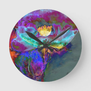 Midnight poppy purple watercolor painting round clock