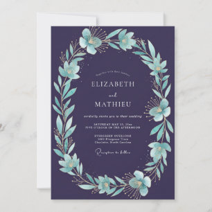 Midnight Purple Aqua Petal Wedding Invitation