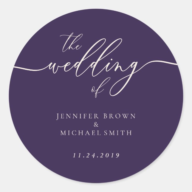 Midnight Purple The Wedding Elegant Script Classic Round Sticker (Front)