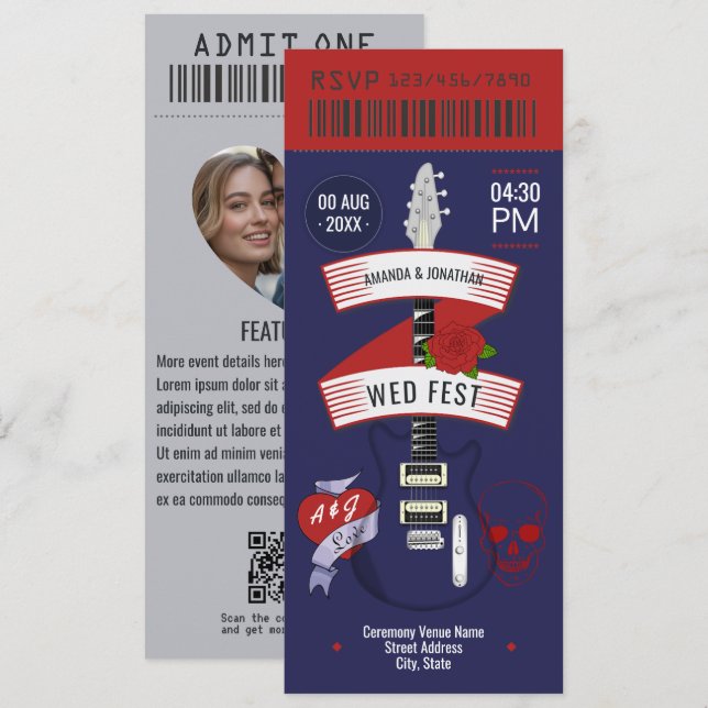 Midnight Riot Rock ’n’ Roll Wedding Ticket Invitation (Front/Back)