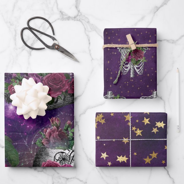 Midnight Romantic Gothic Witch and Roses Wrapping Paper Sheet (Front)