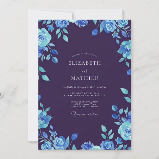 Midnight Sapphire Bloom Wedding Invitation (Front)