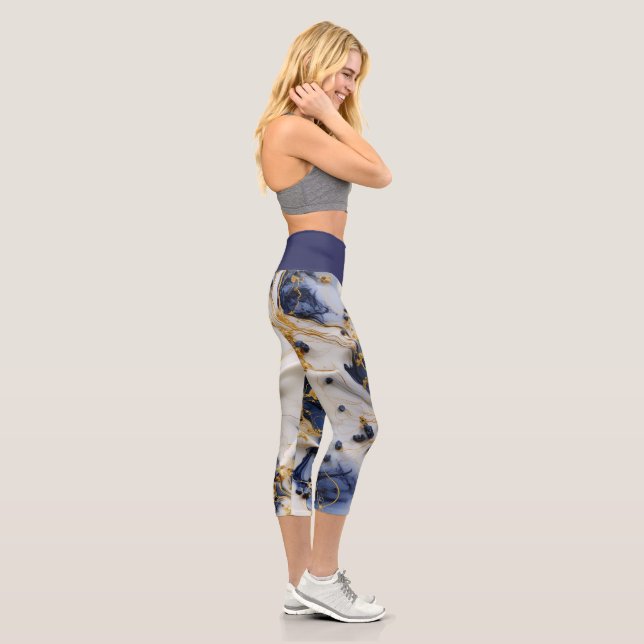 Midnight Sapphire Marble with Gold Threads Capri Leggings (Right)
