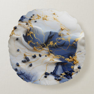 Midnight Sapphire Marble with Gold Threads Round Pillow