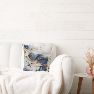 Midnight Sapphire Marble with Gold Threads Throw Pillow