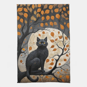Midnight Sentinel Under the Harvest Moon Kitchen Towel