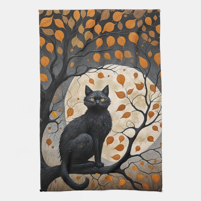 Midnight Sentinel Under the Harvest Moon Kitchen Towel (Vertical)