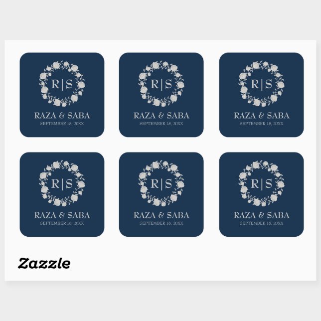 Midnight Serenity Navy and Silver Wedding Square Sticker (Sheet)