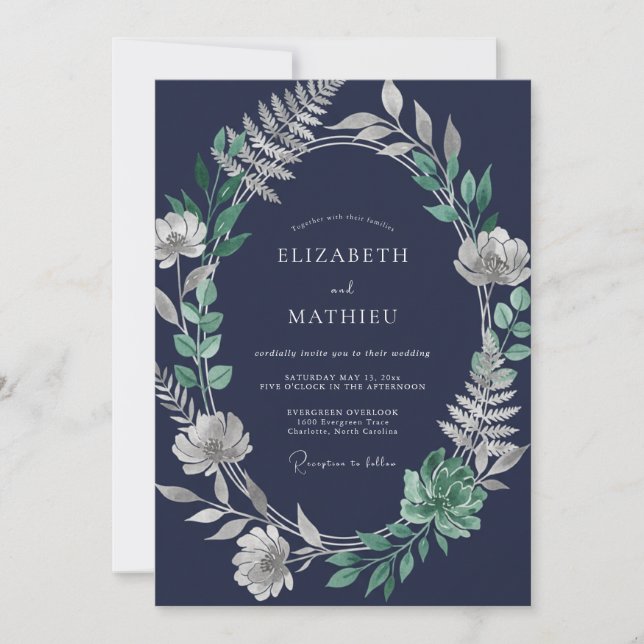 Midnight Silver Leaf Wedding Invitation (Front)
