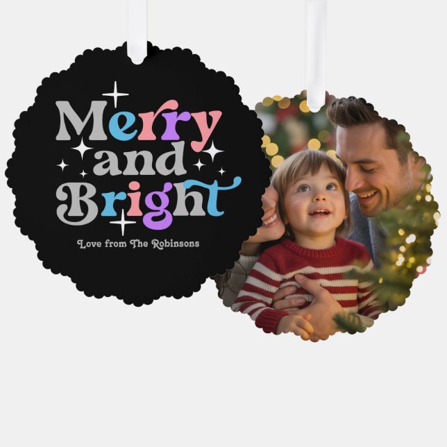 Midnight Sky Merry & Bright Retro Christmas Photo Ornament Card (Front/Back)