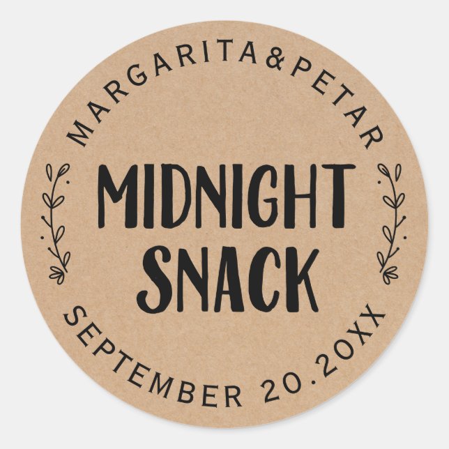 Midnight Snack Rustic Wedding Classic Round Sticker (Front)