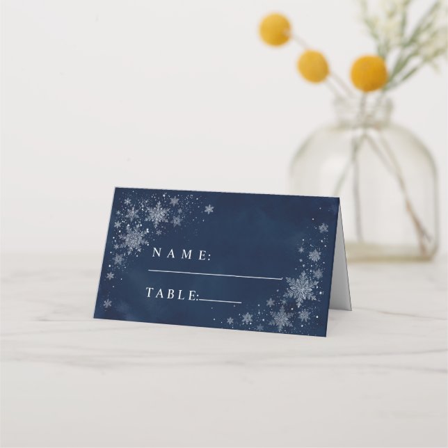 Midnight Snowflakes Wedding Place Card (Front)